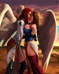 aka6 angel breasts gisela gisela_blade_of_the_goldnight kissing lesbian magic_the_gathering serena_(goldnightangel) tagme thighhighs thong tongue wings yuri