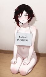 ai_generated black_hair crying crying_with_eyes_open flat_stomach innie_pussy lonelylady multicolored_hair on_floor on_knees pale-skinned_female pale_skin pet_shaming red_hair ruby_rose rwby shame shaming shaved_pussy sign silver_eyes slim_waist wood_floor