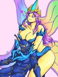 bigger_female blue_armor breasts_on_head curvy curvy_body curvy_female curvy_figure empress_of_light fairy fairy_wings female_monster hips hug hug_from_behind jewelry knight long_ears long_hair long_sleeves looking_at_viewer male/female male_human/female_monster monster monster_girl pink_eyes revealing_clothes simple_background size_difference spoken_heart terraria unknown_artist uwu yellow_skin