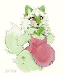 2020s 2022 5_fingers anthro anthrofied artist_name black_pupils breast canine canine_humanoid cleavage clothed clothing edit eyelashes eyelashes_visible_through_hair fangs female female_only fur furry furry_female furry_only green_body hair leotard mammal mammal_humanoid nintendo open_mouth pink_nose pokemon pokemon_(species) pokemon_sv pregnant ready_to_pop red_eyes red_iris red_leotard red_nails small_breasts solo solo_female sprigatito tail thick_thighs thighs tongue waspsalad white_background white_sclera