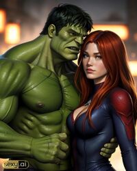 1boy1girl ai_generated ass big_ass big_breasts big_butt breasts hulk hulk_(series) human light-skinned_female light-skinned_male light_skin marvel marvel_comics mary_jane_watson muscular muscular_male nude nude_female red_hair straight straight_hair superhero tight_clothes tight_clothing wide_hips