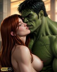 1boy1girl ai_generated ass big_ass big_breasts big_butt breasts hulk hulk_(series) human kissing kissing light-skinned_female light-skinned_male light_skin marvel marvel_comics mary_jane_watson nude nude_female red_hair straight straight_hair superhero tight_clothes tight_clothing wide_hips