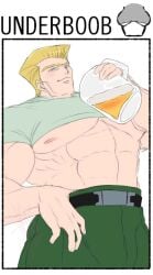 1boy bara bara_tiddies bara_tiddy bara_tits bara_titties battle_tendency belt blonde_hair english_text green_clothes green_pants jojo's_bizarre_adventure male male_only max_the_egg max_the_egg_(artist) muscular muscular_male no_ai pale rudolph_von_stroheim shirt_cut_meme solo solo_focus solo_male uniform uniform_pants