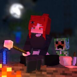 1boy 1girls alyx_(mineporncraft) bottomless bread campfire camping clothed creeper_(minecraft) diamond_sword flushed fully_clothed knife marshmallow minecraft mineporncraft moon moonlight night sword