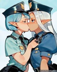 2girls ai_generated blue_eyes blue_hair elf hentaikapten kissing kissing long_hair original police short_hair watermark white_background white_hair