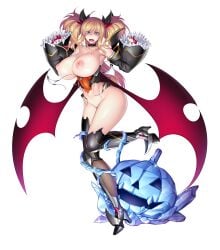 2019 absurdres aoi_nagisa_(artist) aoi_nagisa_(metalder) armor armored_boots bare_shoulders blonde_hair blue_eyes boots bra breasts choker collarbone commentary_request covered_navel crystal demon_girl demon_wings elbow_sleeve female full_body hair_ornament halloween halloween_costume hand_on_own_hip high_heels highleg highleg_leotard highres huge_breasts impossible_clothes inverted_nipples jack-o'-lantern large_breasts leg_armor leotard long_hair looking_at_viewer micro_bra nipples official_art oni_girl onizaki_kirara open_mouth pumpkin shiny_clothes shiny_skin simple_background skindentation solo taimanin_(series) taimanin_asagi_kessen_arena thighhighs thighs torn_clothes torn_leotard twintails underwear vampire wardrobe_malfunction white_background wide_sleeves wings