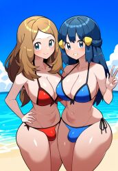 2futas ai_generated beach beach_background bikini bikini_bottom bikini_top blue_eyes blue_hair brown_hair bulge bulge_through_clothing dawn_(pokemon) dickgirl dickgirl_focus dickgirl_only futa_focus futa_only futanari glasses long_hair looking_at_camera looking_at_viewer ocean peace_sign pokemon pokemon_dppt pokemon_xy serena_(pokemon) smile smiling_at_viewer stable_diffusion thedawn_hikari