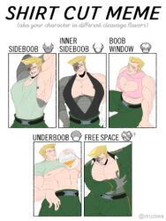 1boy bara bara_tiddies bara_tiddy bara_tits bara_titties battle_tendency belt blonde_hair english_text green_clothes green_pants jojo's_bizarre_adventure male male_only max_the_egg max_the_egg_(artist) muscular muscular_male no_ai pale rudolph_von_stroheim shirt_cut_meme solo solo_focus solo_male uniform uniform_pants