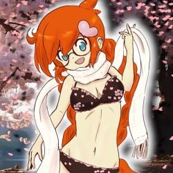 1girls blue_eyes bra cherry_blossoms dtsangle edit glasses glowing heart mario_(series) midriff nintendo orange_hair panties penny_crygor red_hair scarf teenager warioware wholesome