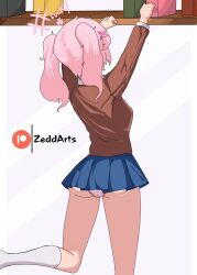 1girls back_of_head back_view behind_view blue_skirt doki_doki_literature_club female female_only natsuki_(doki_doki_literature_club) panties panty_peek pink_hair pink_panties school_uniform skirt slender_legs socks socks_only solo thighs zeddarts