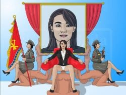 bare_legs dictator dominant_female faceless_male facesitting female_supremacy femdom flag human_furniture kim_yo-jong korean korean_female malesub military_uniform national_personification north_korea sitting_on_another sitting_on_face sitting_on_person uniform visible_underwear woman_in_suit worship