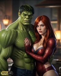 1boy1girl ai_generated ass big_ass big_breasts big_butt breasts hulk hulk_(series) human light-skinned_female light-skinned_male light_skin marvel marvel_comics mary_jane_watson nude nude_female red_hair straight straight_hair superhero tight_clothes tight_clothing wide_hips