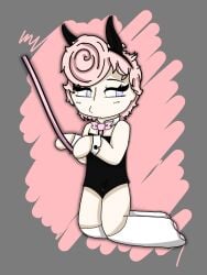 big_eyelashes black_bunnysuit blue_eyes bunnysuit dyed_hair gray_background harvey_harvington leash looking_back male male_only pink_background pink_bowtie pink_hair pink_leash submissive_male white_socks