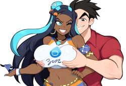 1boy 1girls ai_generated alternate_breast_size ball_guy_(pokemon) black_hair breast_grab breasts_bigger_than_head couple dark-skinned_female dark_skin female groping gym_leader huge_breasts human interracial male mullon nessa_(pokemon) novelai pale-skinned_male pokemon pokemon_ss sexual_consent smile wink