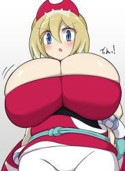 1girls alternate_breast_size big_breasts blonde_hair blue_eyes breasts breasts_bigger_than_head breasts_bigger_than_torso busty cleavage curvaceous curvy curvy_body curvy_female curvy_figure female female_focus game_freak huge_breasts irida_(pokemon) jaga334 japanese_text large_breasts nintendo npc npc_trainer pokemon pokemon_legends:_arceus translated voluptuous white_background