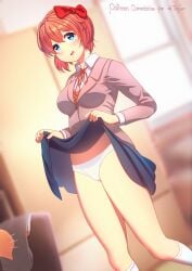 1female 1girls 5_fingers blue_eyes blue_skirt bow breasts cloudxmoe commission commission_art doki_doki_literature_club hair_bow hairbow just_sayori lifted_by_self lifting_own_skirt lifting_skirt panties red_bow red_hair_bow red_hairbow sayori_(doki_doki_literature_club) skirt skirt_lift skirt_lifted_by_self strawberry_blonde_hair white_panties