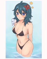 1girls ahoge bare_shoulders bikini black_bikini black_swimsuit blue_eyes blue_hair breasts byleth_(female)_(fire_emblem) byleth_(fire_emblem) byleth_(fire_emblem)_(female) cleavage female female female_only fire_emblem fire_emblem:_three_houses flower hair_flower hair_ornament highres long_hair medium_breasts navel nintendo purrlucii red_flower solo standing stomach swimsuit teal_hair thighs wading water