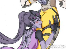 ass_grab blush bodysuit breasts butt_crack buttsnuggle closed_eyes clothed duo face_in_ass female female_only flying_pig gloves hand_on_ass happy harness headgear human jacket multiple_females overwatch ponytail purple_hair purple_skin sideboob skin_tight small_breasts smile spandex tied_hair tracer very_long_hair white_background widowmaker yuri