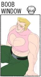 1male 1man bara bara_tiddies bara_tiddy bara_tits bara_titties belt blonde_hair english_text green_clothes green_pants jjba jojo's_bizarre_adventure jojo_no_kimyou_na_bouken max_the_egg max_the_egg_(artist) muscular muscular_male no_ai pale rudolph_von_stroheim shirt_cut_meme solo solo_focus solo_male uniform uniform_pants