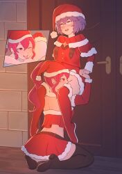 2girls ahe_gao alternate_costume anna_(fire_emblem) anna_(fire_emblem:_three_houses) ass bellfonts bernadetta_von_varley bernadetta_von_varley_(winter) big_ass breasts christmas cunnilingus female female_only fire_emblem fire_emblem:_three_houses fire_emblem_heroes indoors kneeling medium_breasts multiple_girls nintendo official_alternate_costume on_knees ponytail purple_eyes purple_hair red_eyes red_hair yuri