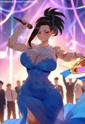 ai_assisted ai_generated bedroom_eyes big_breasts earrings erotic_nansensu momo_yaoyorozu my_hero_academia pantyless seducing seductive teenager thick_thighs