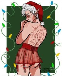 1boy artist_name artist_signature astarion astarion_(baldur's_gate) baldur's_gate_3 christmas christmas_clothing christmas_decorations christmas_hat christmas_headwear christmas_lingerie christmas_ornaments christmas_outfit ichabod male_only simple_background solo