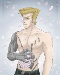 1adult adult_only alexblacklight alexblacklight_(artist) battle_tendency blonde_hair blue_eyes cybernetic cybernetic_arm cybernetic_eye cybernetic_limb cybernetics cyborg cyborg_male cyborg_man digital_art flowers human_artist jojo's_bizarre_adventure male_focus male_only muscular muscular_male no_ai petals rudolph_von_stroheim solo solo_focus solo_male