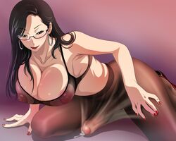 1futa black_hair bra breasts brown_eyes cleavage decensored earrings erection erection_under_pantyhose fingernails futa_only futanari glasses hair highres intersex jewelry large_breasts lipstick long_hair makeup nail_polish original pantyhose penis precum red_nails smile solo testicles uncensored underwear upside-down_(artist)