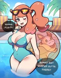 breasts female female_only human nintendo one_eye_closed open_mouth pokemon pokemon_(species) solo sonia_(pokemon) swimsuit tagme touyarokii water yamper