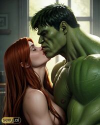 1boy1girl ai_generated ass big_ass big_breasts big_butt breasts hulk hulk_(series) human kissing kissing light-skinned_female light-skinned_male light_skin marvel marvel_comics mary_jane_watson nude nude_female red_hair straight straight_hair superhero tight_clothes tight_clothing wide_hips