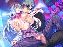 1boy amakano_~second_season~ aqua_eyes arm_around_shoulder bangs beanie black_hair black_pants blue_hair blush breast_grab breasts breasts_out breath censored clothed_sex dutch_angle faceless faceless_male female flower game_cg grabbing grabbing_from_behind hair hair_over_eyes happy_sex hat headgear heavy_breathing highres inverted_nipples jacket large_breasts long_hair long_sleeves looking_at_another mosaic_censoring nipples no_bra open_clothes open_fly open_jacket open_mouth panties panties_aside pants penis piromizu plaid pom_pom_(clothes) purple_pants pussy scarf sex shaded_face shirt_lift short_hair sitting sitting_on_lap sitting_on_person spread_legs star straight suzurikawa_euphrasie_ruika underwear vaginal_penetration white_panties winter_clothes