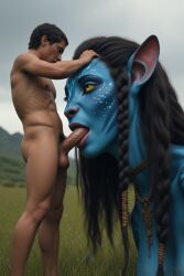 1boy 1boy1girl 1girls ai_generated alien alien_girl ass avatar balls blowjob blue_body blue_skin braided_hair duo fellatio female furrypornaddiction grass huge_ass huge_cock human human_on_anthro human_penetrating humanoid james_cameron's_avatar larger_anthro larger_female light-skinned_male long_hair macro macro_female male male/female na'vi navel outside penis penis_in_mouth pubes pubic_hair realism realistic size_difference smaller_human smaller_male tail yellow_eyes