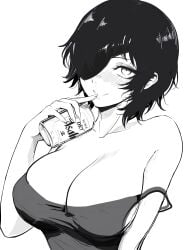 1girls 2025 bare_shoulders beer black_and_white black_hair blush breasts chainsaw_man drunk eye_patch female female_only hi_res himeno_(chainsaw_man) large_breasts leki_ltb mappa smile solo t-shirt white_body