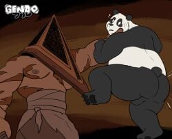 anthro backsack balls bear butt clothing digital_media_(artwork) dreamworks duo feet fingers for_a_head fur gendomx genitals giant_panda hi_res holding_head humanoid konami kung_fu_panda looking_back male male/male mammal master_po_ping muscular muscular_humanoid muscular_male nude object_head overweight overweight_anthro overweight_male pyramid_head silent_hill simple_background tail toes