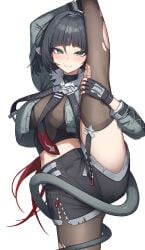 absurdres animal_ears aqua_eyes black_shorts breasts brown_pantyhose female female_only gradient_hair highres icetea_art jane_doe_(zenless_zone_zero) large_breasts leg_up long_hair looking_at_viewer midriff mouse_ears mouse_tail multicolored_hair navel pantyhose red_hair shorts simple_background smile split standing standing_on_one_leg standing_split tail torn_clothes torn_pantyhose white_background zenless_zone_zero