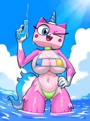 1girls anthro ass big_ass big_breasts big_butt bikini breasts cat_girl catgirl clothing domestic_cat female hi_res horn huge_breasts looking_at_viewer mammal micro_bikini minus8 outdoors pink_fur solo thick_thighs unicorn unikitty unikitty! unikitty_(series) water_gun