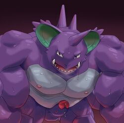 1boy all_fours animal_genitalia anthro balls belly biceps big_biceps bottomless clothed clothing cum erection front_view hi_res horn humanoid_penis looking_at_viewer male male_only manly mature_male muscular muscular_male nidoking nintendo nipples nude open_mouth partially_retracted_foreskin pecs penis pokemon pokemon_(species) precum purple_eyes relaxing saliva simple_background solo spikes sweat topless uncut vein veiny_penis video_games viridianvariant