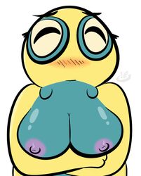 1-upclock anthro big_breasts blush breasts dunsparce female huge_breasts looking_at_viewer nintendo nipples nude pokemon presenting simple_background smile solo video_games white_background