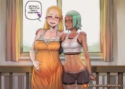 2girls ai_generated amadeus_v athletic belly big_belly blonde_hair blue_eyes blush clothes cowboy_shot crib curvy dark_skin day eye_contact fuu_(naruto) green_hair large_breasts loving medium_breasts naruto_(series) nursery open_mouth orange_eyes pregnant short_hair smile standing sundress twintails uzumaki_naruko whisker_markings window