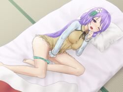 bed benben_tsukumo breasts female fingering long_hair lying masturbation one_eye_closed pillow purple_hair tied_hair touhou twintails underwear zakku_(kya--193)