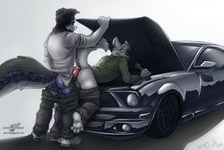 anthro ass balls buttjob cam_collins canine car clothed clothing duo humanoid_penis iztli male mammal pants_down partially_clothed penis twincash vehicle wolf wolfblade yaoi