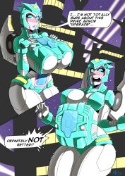 1girls 2koma alien alien_girl armor autobot big_breasts blush blush_lines breast_size_difference breasts cleavage embarrassed female female_only gynoid helmet hourglass_figure hyper_breasts large_breasts lips mad-project moonracer size_transformation sole_female solo solo_female thick_thighs transformers transformers_idw wide_hips