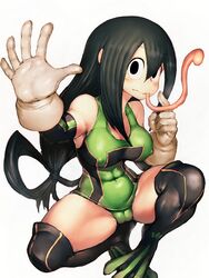 bare_shoulders black_eyes black_hair black_legwear blush bodysuit boots breasts brown_gloves cameltoe cleavage closed_mouth covered_navel covered_nipples female female_human female_only fumio_(rsqkr) gloves hero_outfit_(mha) human index_finger_raised large_breasts long_hair long_tongue low-tied_long_hair my_hero_academia outstretched_arm palms simple_background skin_tight skindentation smile solo spread_fingers straight_hair superhero_costume superheroine thighhighs tongue tongue_out tsuyu_asui very_long_hair very_long_tongue white_background