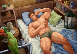 1boy abs alex_(stardew_valley) armpit armpit_hair bara bed blue_eyes briefs brown_hair bulge gay green_underwear hairy happy_trail human indoors inside koggo male male_only muscle muscles muscular_thighs nipples parrot partially_clothed pecs pillows solo stardew_valley underwear yaoi