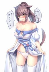 animal_ears aruma_jiki blush breasts brown_hair cleavage covered_nipples female final_fantasy final_fantasy_xiv hair long_hair looking_at_viewer miqo'te panties ponytail pussy_juice solo sweat tail tears text thighhighs tied_hair translated underwear vibrator vibrator_in_thighhighs vibrator_under_panties white_hair white_panties yellow_eyes