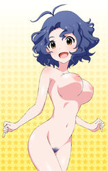 :d ahoge blue_hair blush breasts brown_eyes cute cute_face cute_girl female gradient gradient_background hairy_pussy halftone_background happy idol idolmaster idolmaster_million_live! large_breasts large_nipples looking_at_viewer navel nipples nude open_mouth pubic_hair pussy short_hair signature smile solo star starry_background toyokawa_fuuka vzmk2 wavy_hair white_background yellow_background