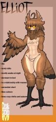 1boy ahoge alternate_version_available anthro ass avian big_ass big_butt brown_hair character_sheet curvaceous curvy curvy_figure darkdoom elliot_(maxxes_art) english_text feathers femboy girly horned_owl huge_ass long_hair male male_only nude owl solo solo_male talons text thick_thighs voluptuous voluptuous_male wide_hips yellow_sclera