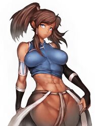 1girls abs avatar_legends bare_shoulders big_breasts breasts bridal_gauntlets brown_hair clothing covered_navel dark-skinned_female dark_skin erect_nipples erect_nipples_under_clothes female female_only fumio_(rsqkr) high_ponytail hourglass_figure human korra large_breasts long_hair looking_at_viewer muscle navel no_panties solo the_avatar the_legend_of_korra thick_thighs thighs toned water_tribe wide_hips