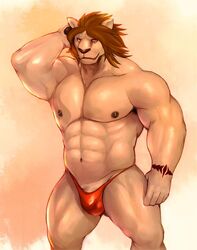 1boy abs anthro bara bulge clothing feline iceman1984 lion male male_only mammal nipples penis_peek solo thong underwear