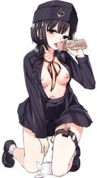 black_hair black_shoes fellatio female kuro_(kuronell) military military_uniform oral shoes uniform